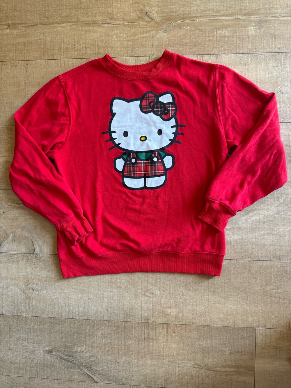 Sanrio Hello Kitty Red Crewneck Sweatshirt Plaid Bow Overalls Holiday Large